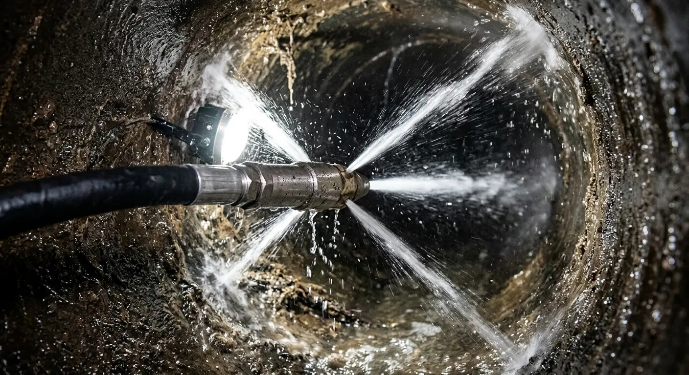 High-pressure hydro jetting nozzle cleaning sewer pipe for Emergency Drain Service in Thatcher