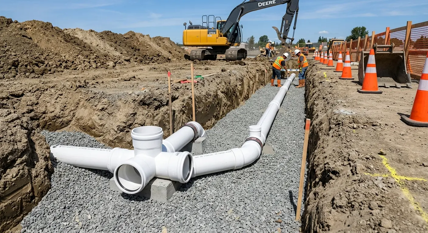 New PVC sewer pipe installation in open trench for Commercial Drain Cleaning in Thatcher