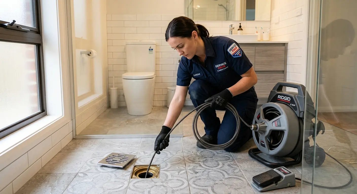 Technician clearing a bathroom floor drain for Sewer Line Replacement in Thatcher